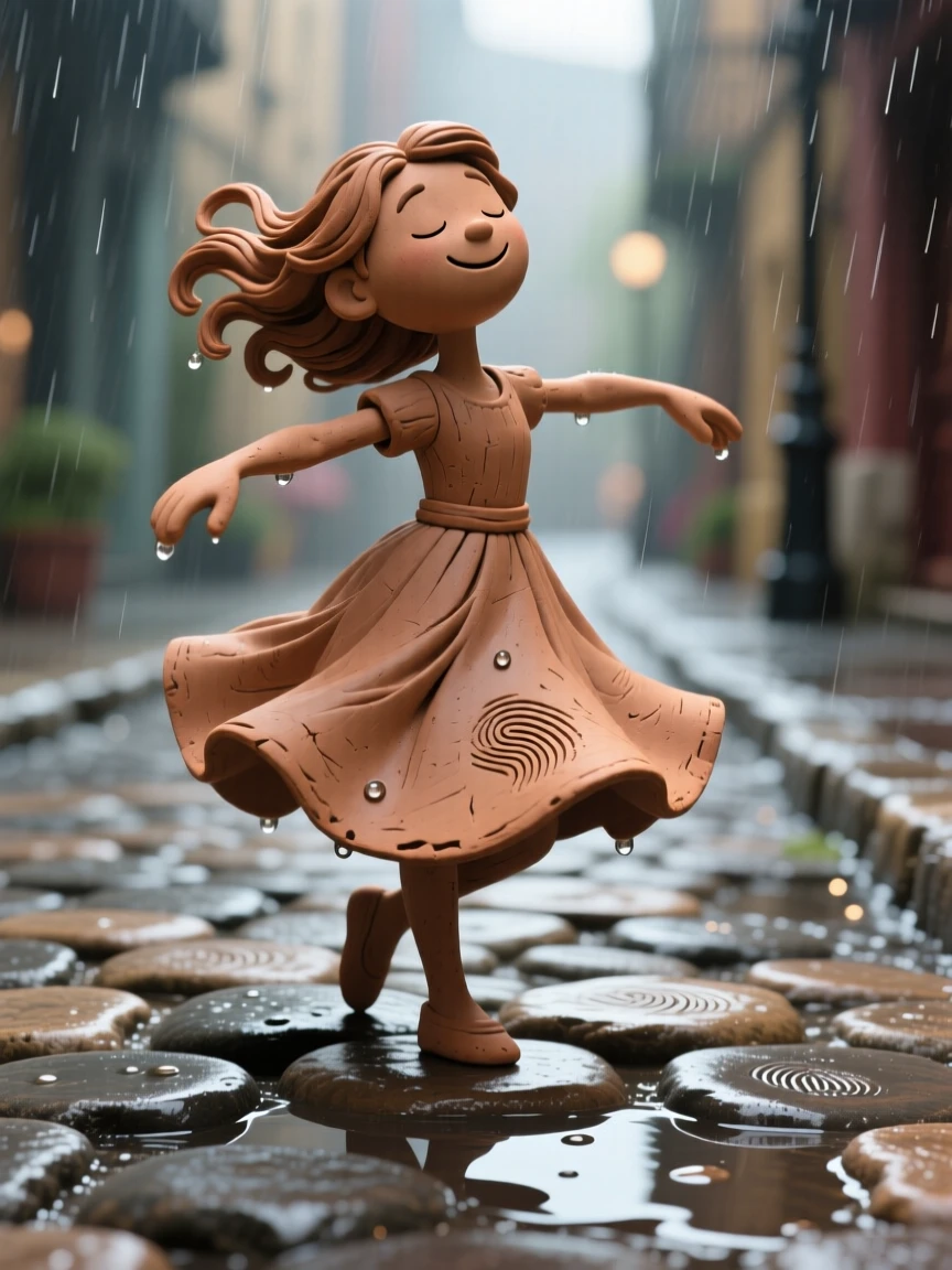 A dancer twirling in a flowing dress atop a rain-soaked street