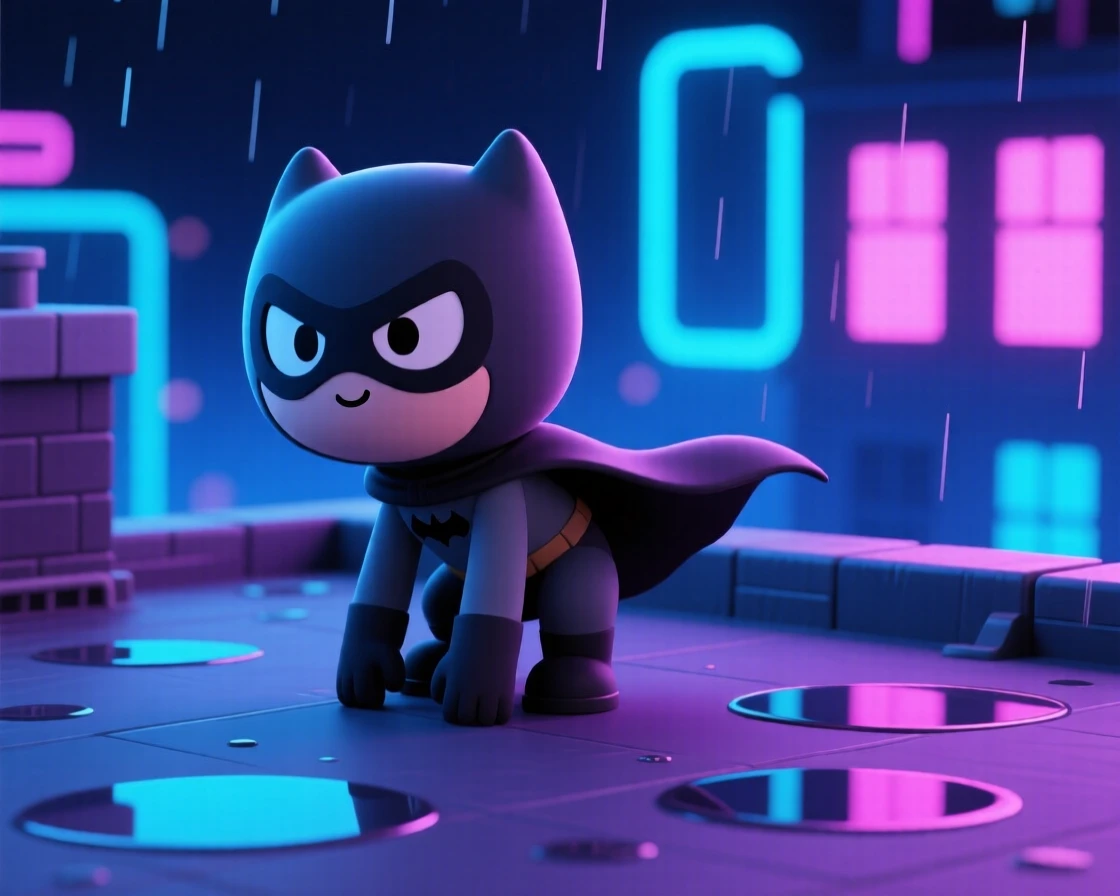 A masked vigilante crouches on a rain-slicked rooftop, cape billowing as neon city lights reflect in puddles below.