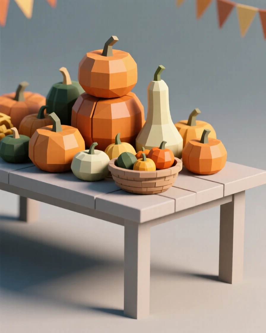 A harvest festival table piled with pumpkins and gourds, as the last light of evening fades. rich seasonal colors bring the scene to life. There is a joyful, festive energy in the air.