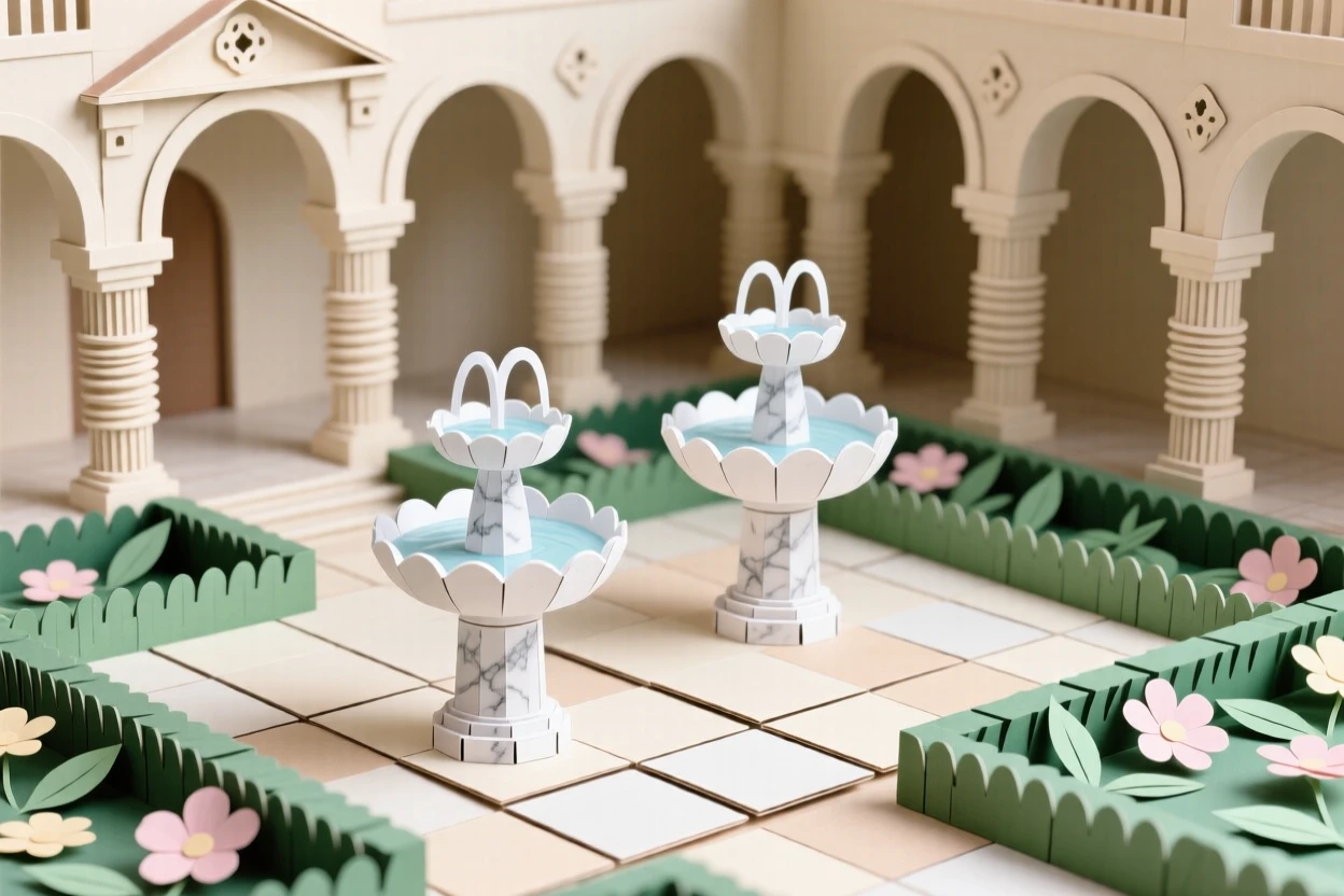 A grand Renaissance palace courtyard with manicured gardens, marble fountains, and symmetrical archways, evoking refined historic elegance.