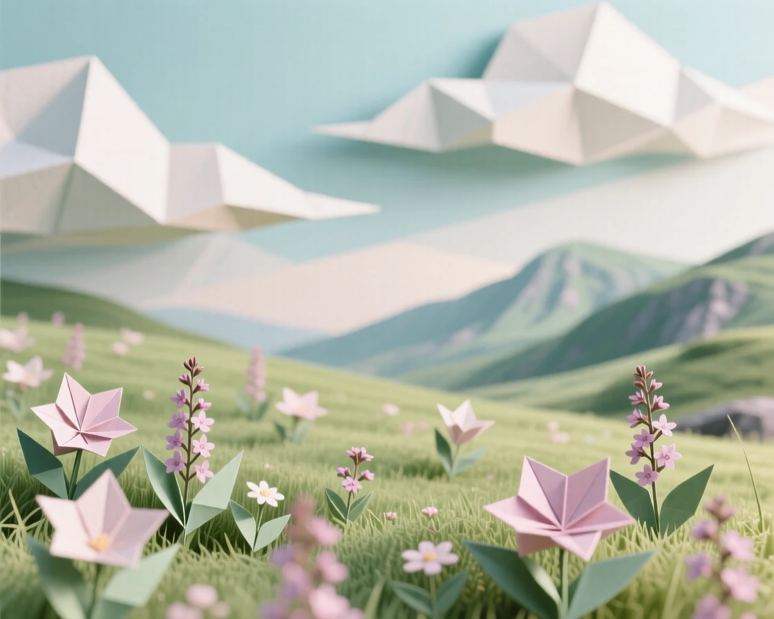 A tranquil highland meadow scattered with wild heather under a sky full of drifting clouds.