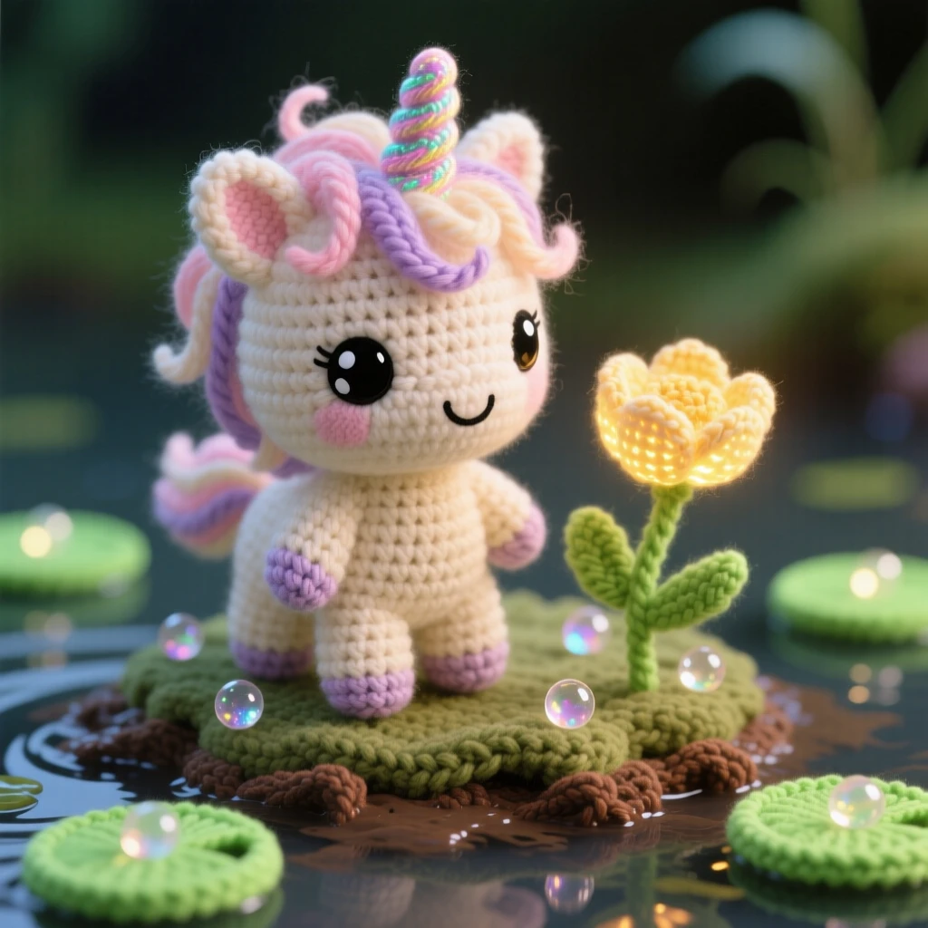 A charming portrait of a small baby unicorn foal, with a soft downy mane, nuzzling a glowing flower bud beside a scattering of shimmering dewdrops in a quiet swamp dotted with glowing lily pads, conveying a sense of gentle magic and quiet wonder.