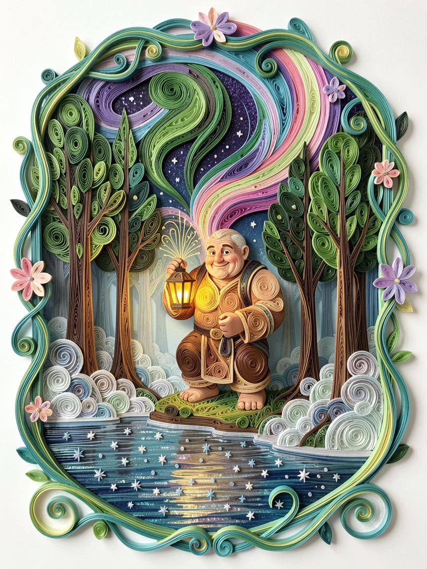 a friendly giant carrying a lantern through a misty forest, on the shore of a starlit magical lake, framed by an arch of twisting glowing vines, under a sky painted in shifting aurora colors.