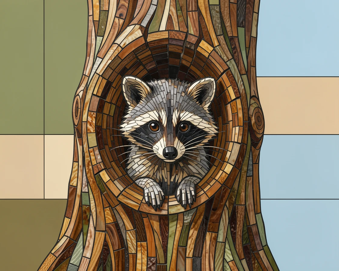 A raccoon peeking curiously from a hollow tree, captured in soft natural light with a shallow depth of field.