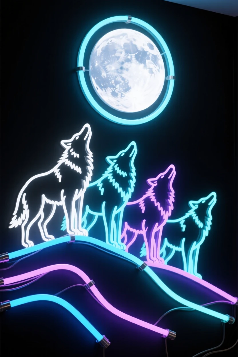 A wolf pack howling together on a moonlit ridge.