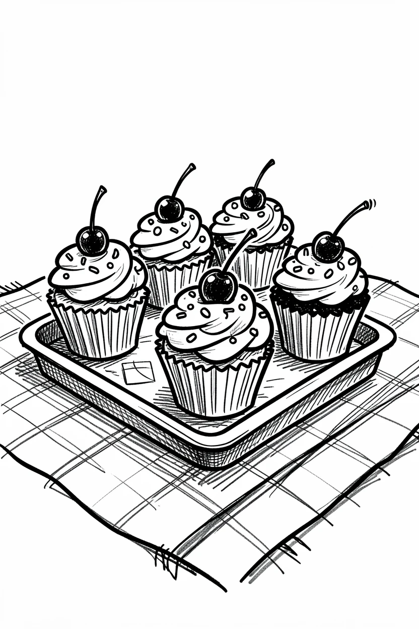 A tray of decorated cupcakes sitting on a picnic blanket.