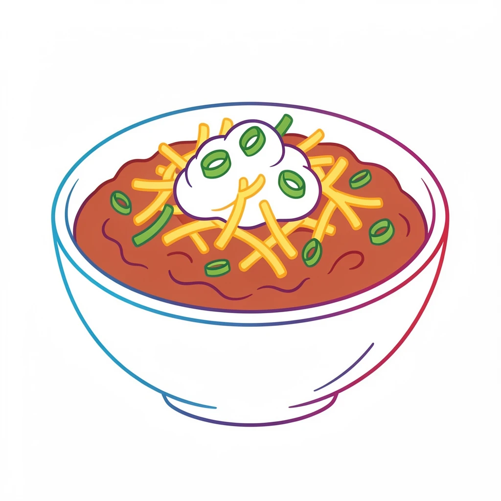 A bowl of chili topped with shredded cheese, sour cream, and green onions.