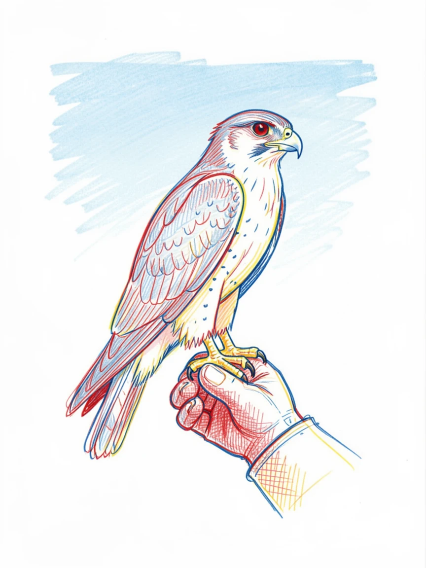 A majestic falcon perched on a gloved hand against a clear blue sky