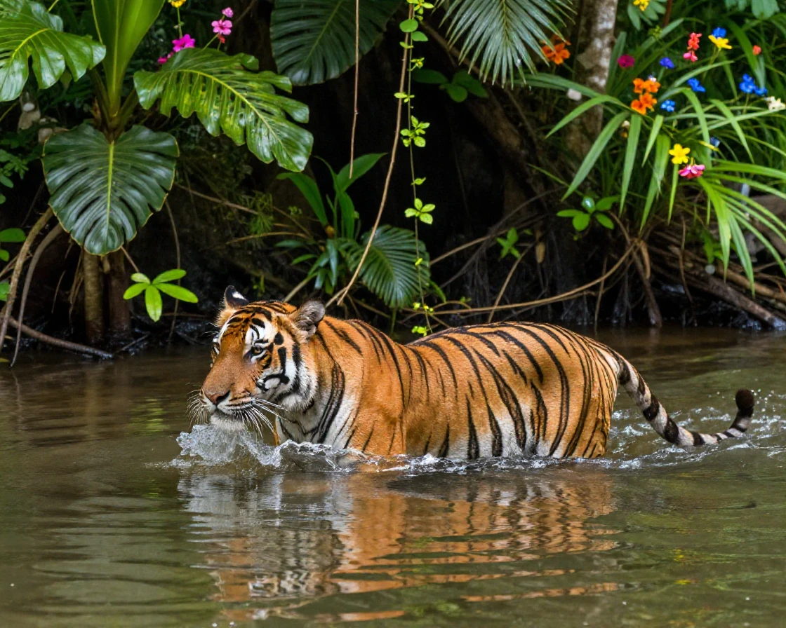 A tiger swimming through a jungle river