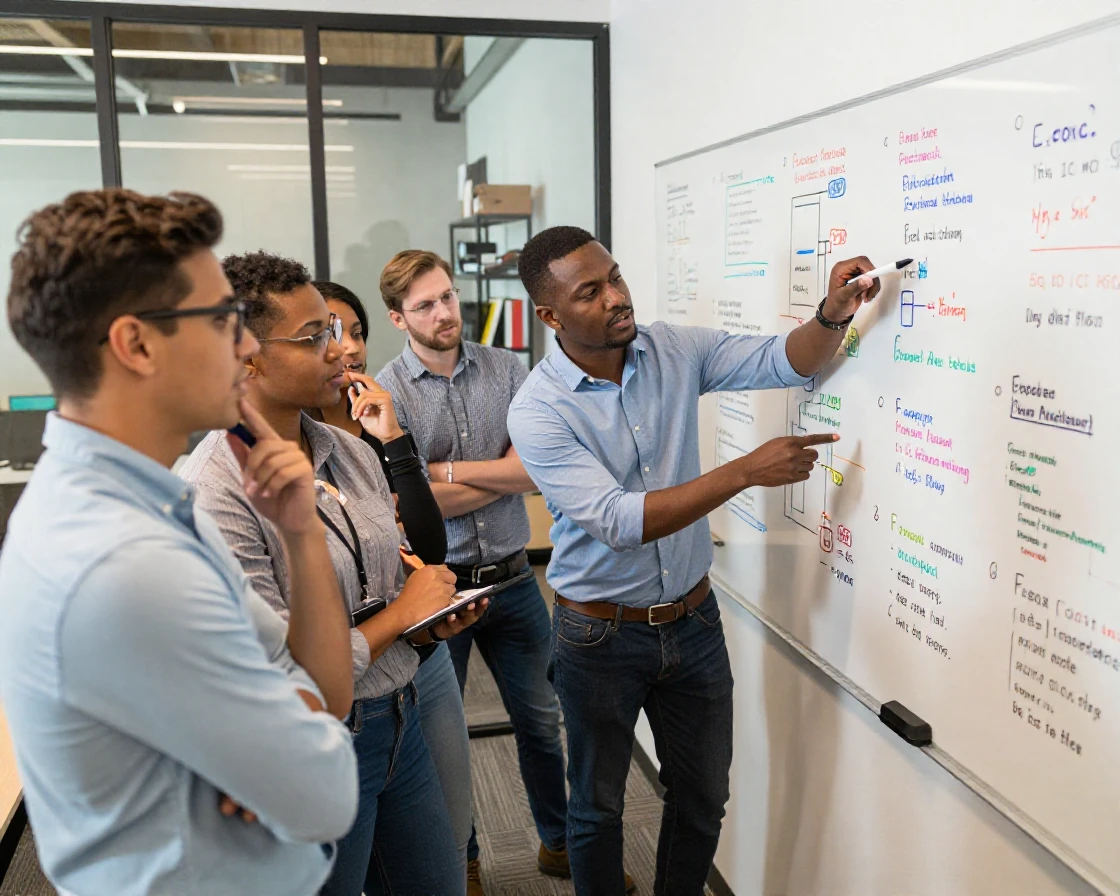 A group of engineers gathers around a whiteboard covered in diagrams and equations.