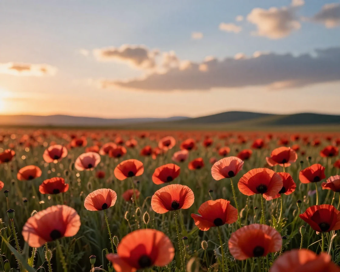 A field of wild poppies swaying gently in a warm summer breeze