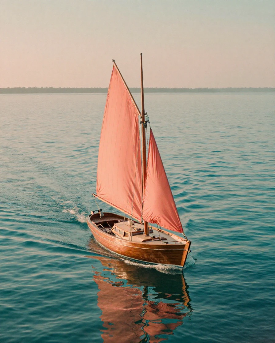 A wooden sailboat cutting through calm turquoise water, in warm morning light, as heat shimmers over the ground, as summer fades into fall, in vivid coral and turquoise hues, from a slightly elevated vantage point.