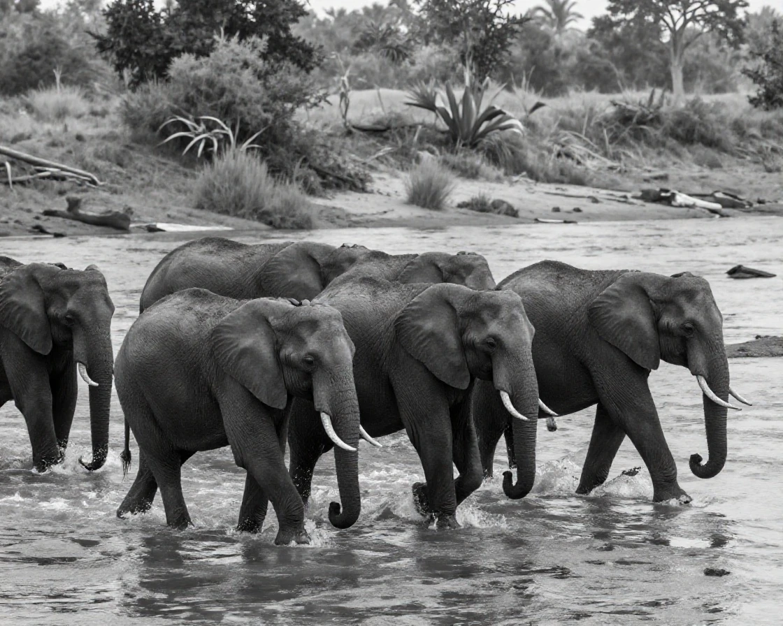 A herd of elephants wades across a shallow river along the banks of a wide river.