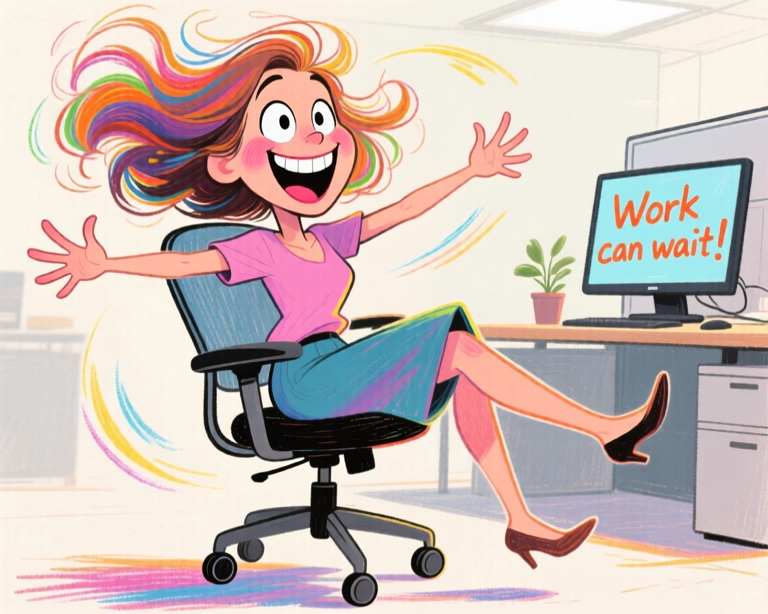 A woman spinning in an office chair with her arms out and hair flying.