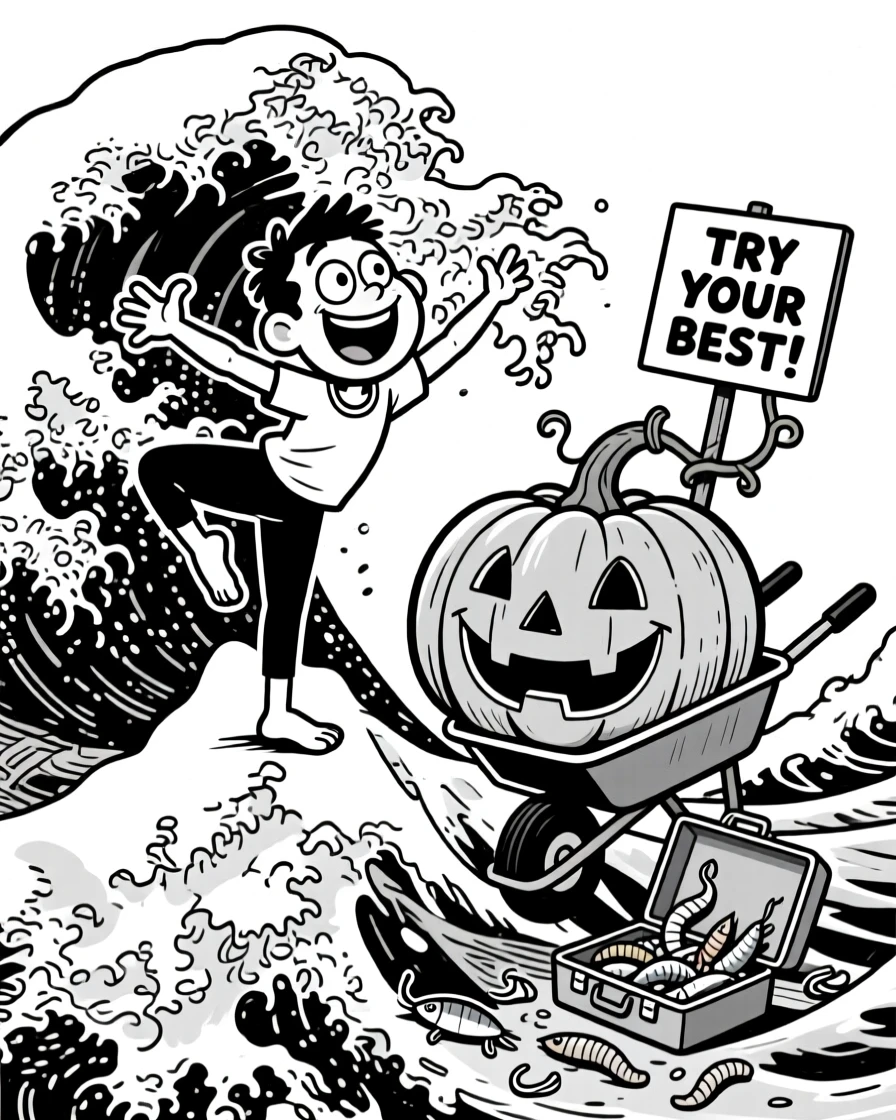 A yoga enthusiast wobbling in an impossible pose, grinning ear to ear beside a pumpkin bigger than a wheelbarrow, set on a cresting ocean wave. A tackle box lies open, lures spilling out. It's a joyful celebration of trying your best, wins and all.