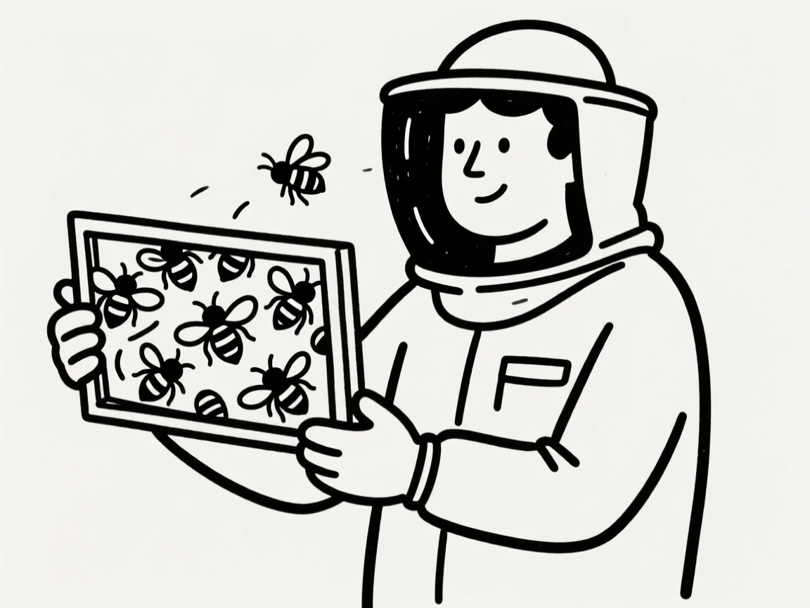 A beekeeper calmly holding a frame covered in bees, fully suited in protective gear.