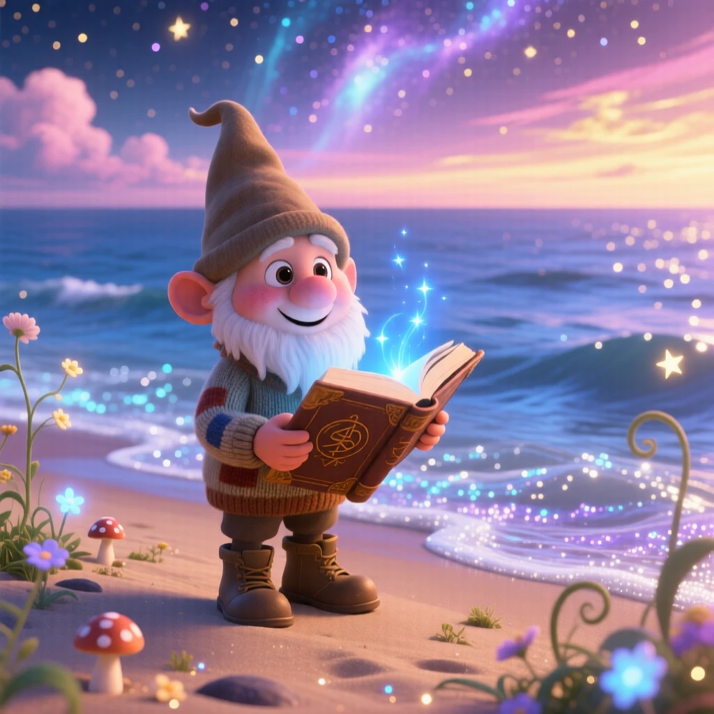 A tiny gnome gardener stands on the shore of a sea made of stardust, reading from an ancient glowing book. The atmosphere feels mystical yet warmly inviting, with soft glowing light illuminating every surface.