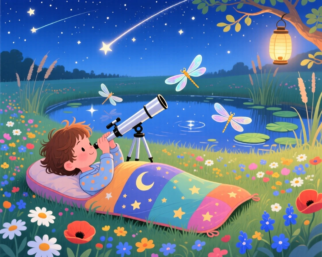 A young stargazer with a telescope spends the day spotting shooting stars from a sleeping bag through a wildflower meadow, while dragonflies dart above the water.