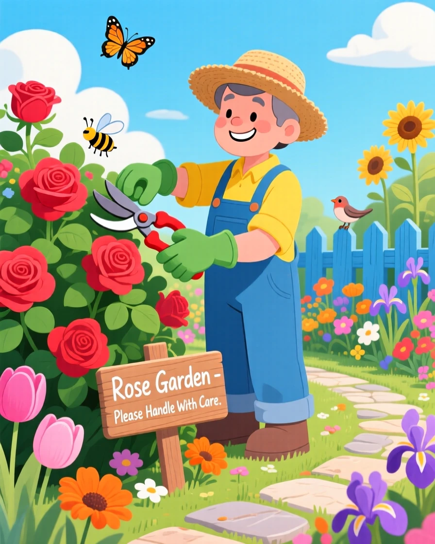 A gardener trimming rose bushes in a vibrant flower garden.