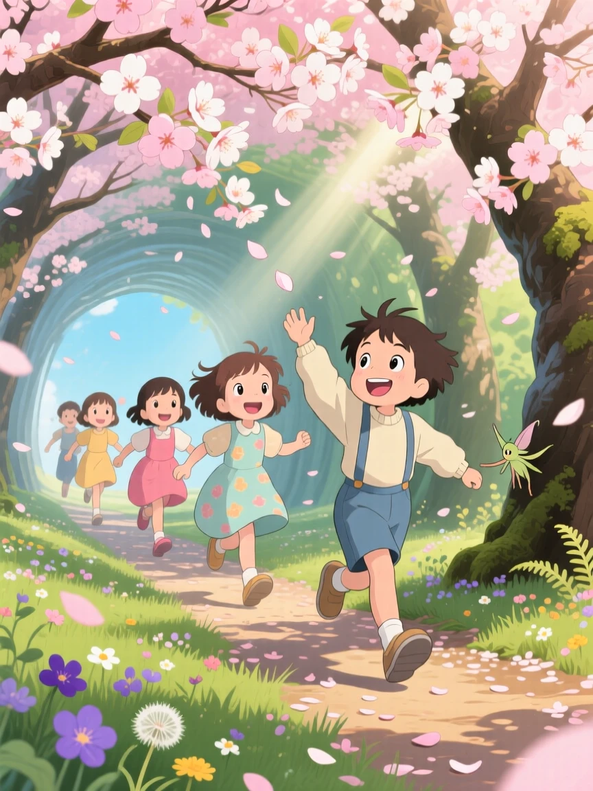A spring scene of children running through a tunnel of blooming cherry trees, as small details of the season fill every corner.