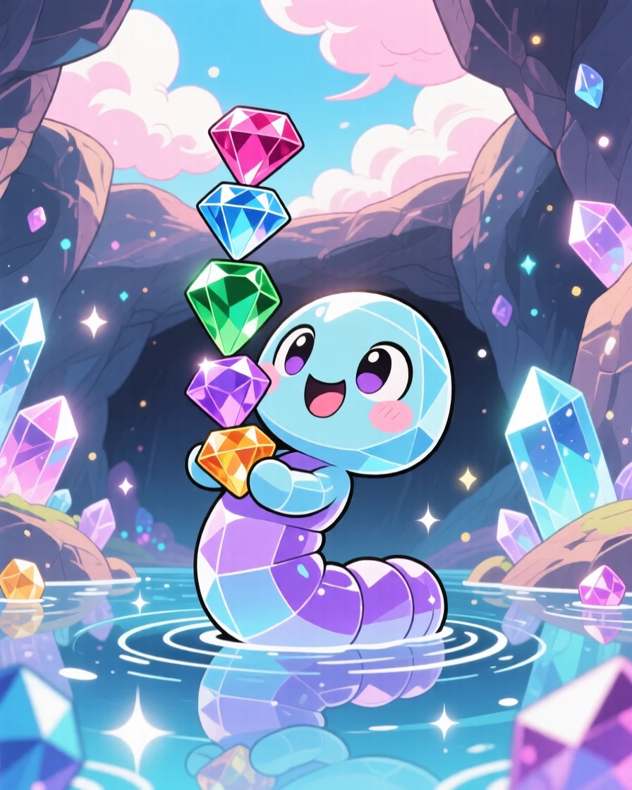 Worm's-eye view: a crystal golem, carefully balancing a stack of gemstones, set against a glittering underground cavern beneath fluffy drifting clouds, with shimmering reflected light off water and a mood of bubbly enthusiasm.