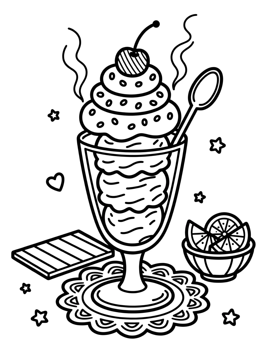 An ice cream sundae topped with sprinkles and a cherry, with steam rising gently into the air.