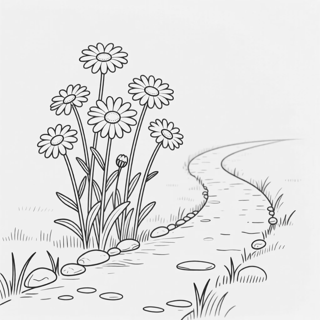 A cluster of daisies growing along a garden path