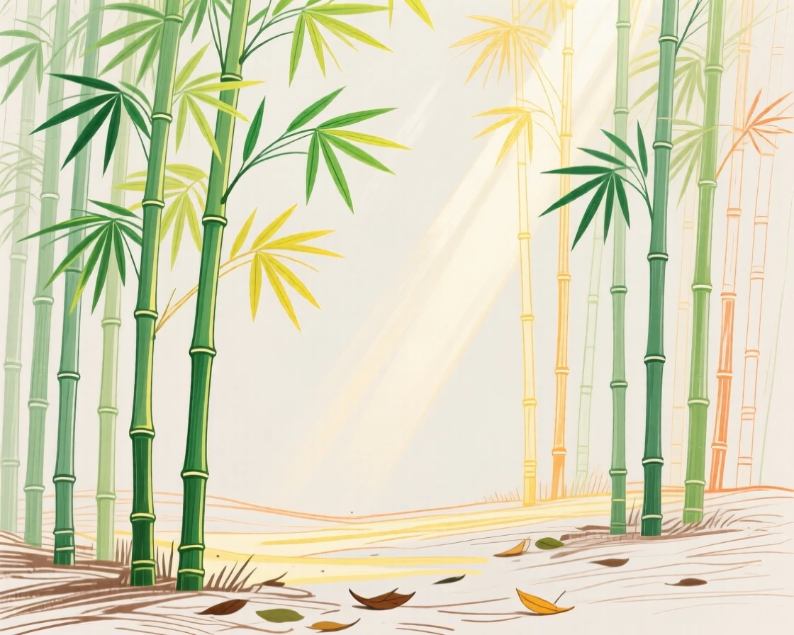 A tranquil bamboo forest with light filtering between the stalks.