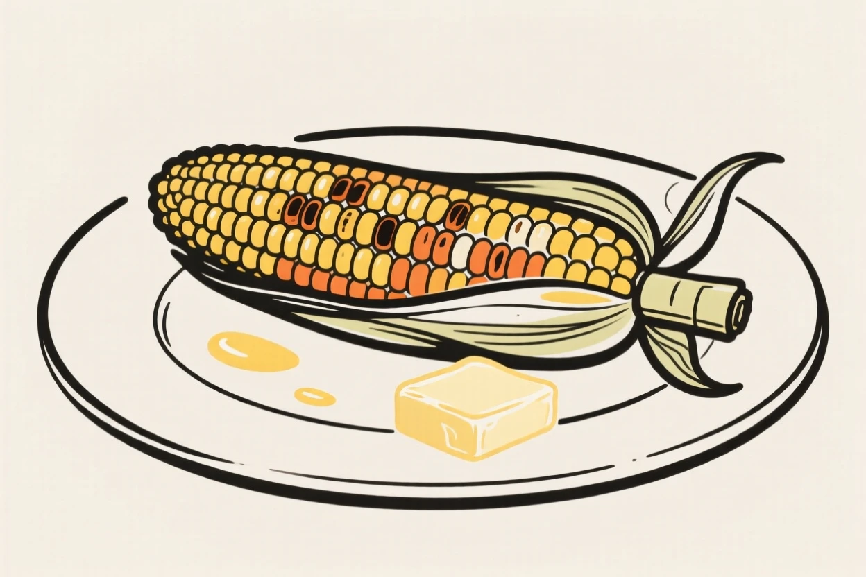 A plate of grilled corn on the cob brushed with butter.