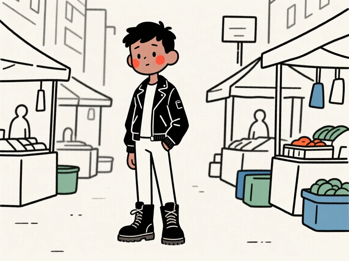 A shy teenager of Jamaican heritage in a leather jacket and boots, radiating quiet confidence, in a bustling city market.