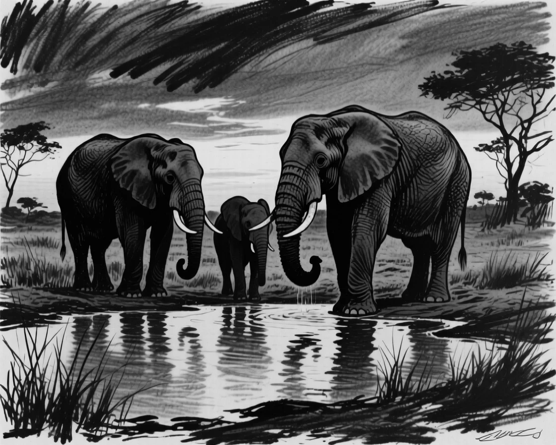 A family of elephants gathered around a watering hole at dusk.