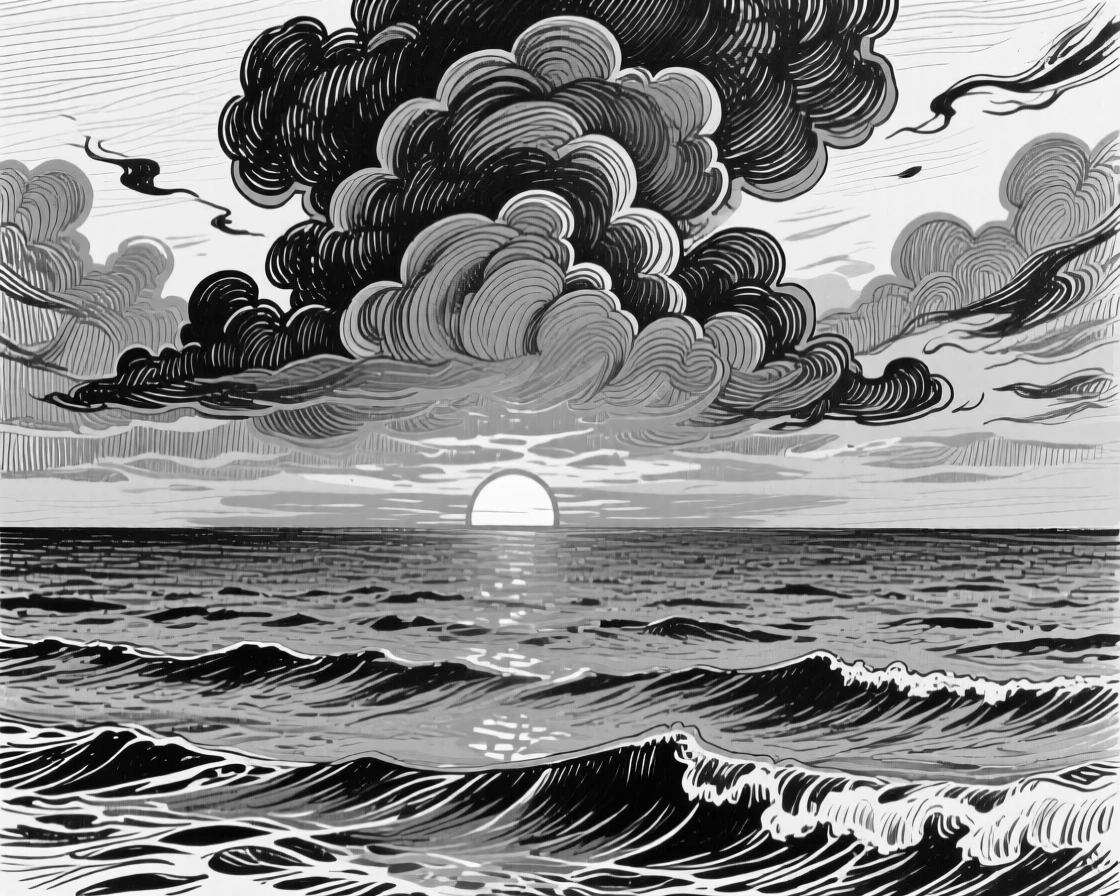 A dramatic sunset over the ocean, clouds glowing in shades of orange and pink.