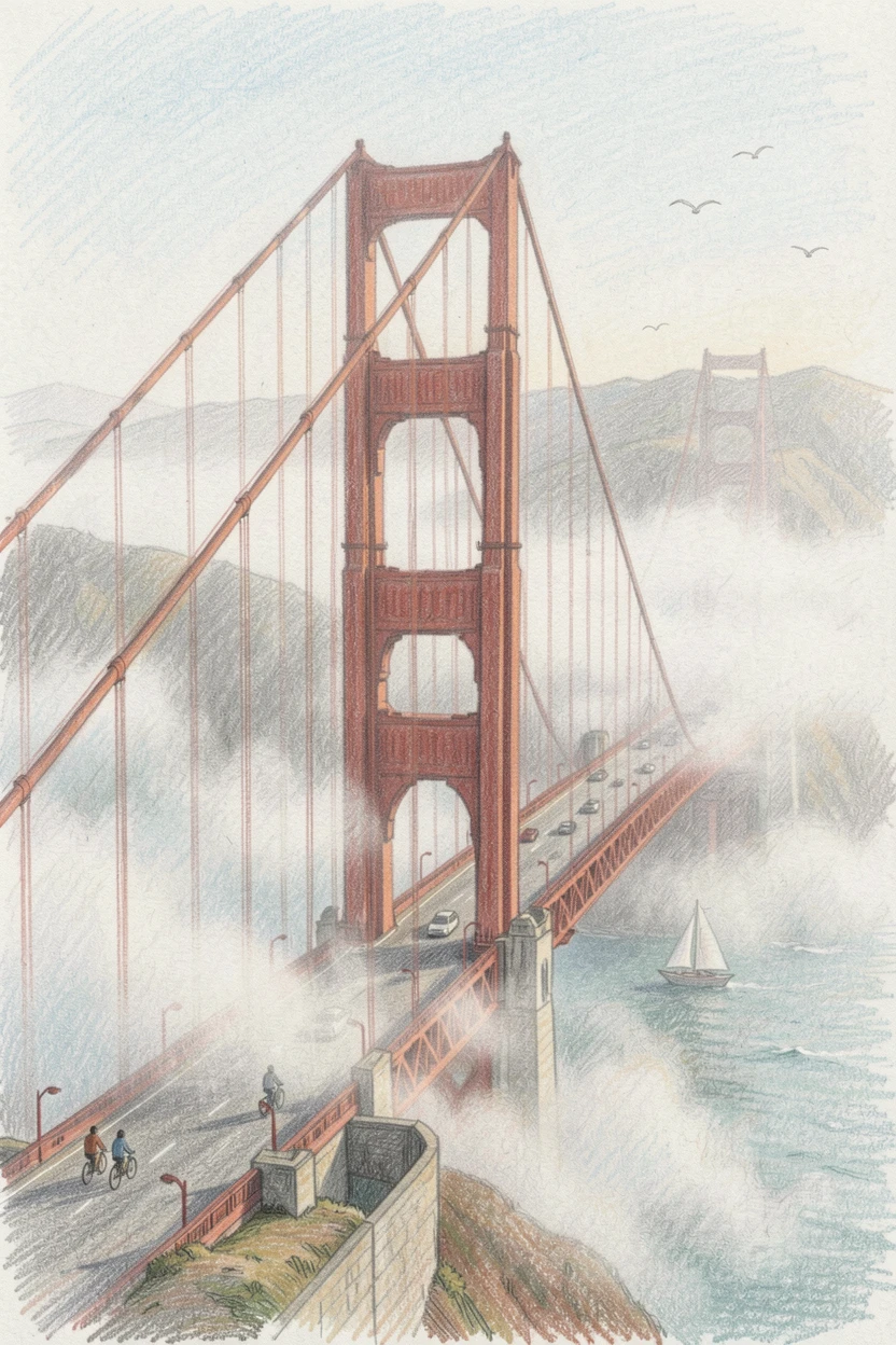 The Golden Gate Bridge emerging through rolling morning fog, bustling gently with quiet everyday life, full of romance and quiet awe.
