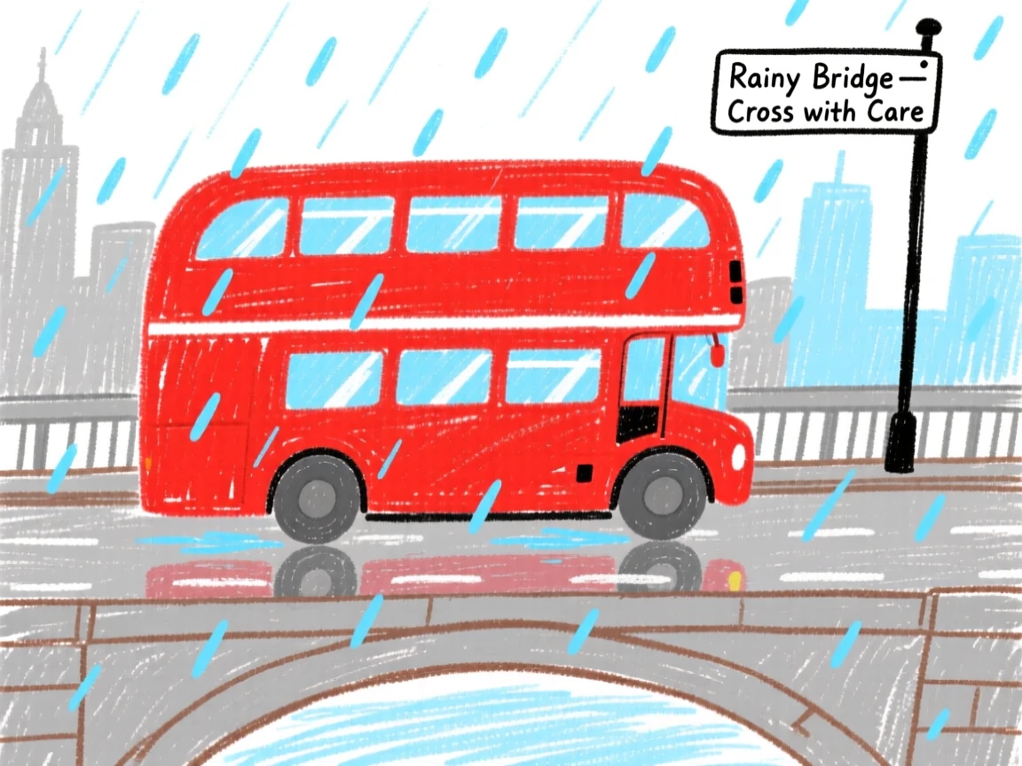 A red London double decker bus crossing a rainy city bridge.