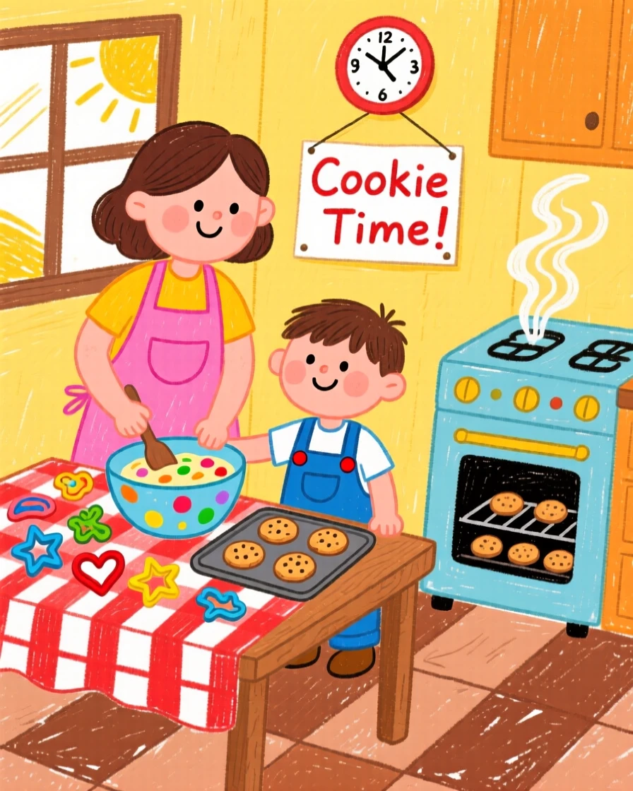 A mother and son baking cookies together in a warm kitchen.