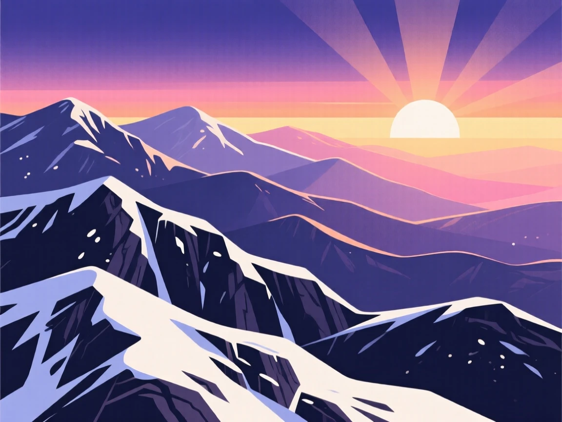 A dramatic sunrise breaking over layered mountain ridges, surrounded by a light dusting of fresh snow, captured with a gentle curve guiding the eye through the scene, with a fresh, crisp clarity that highlights every detail.