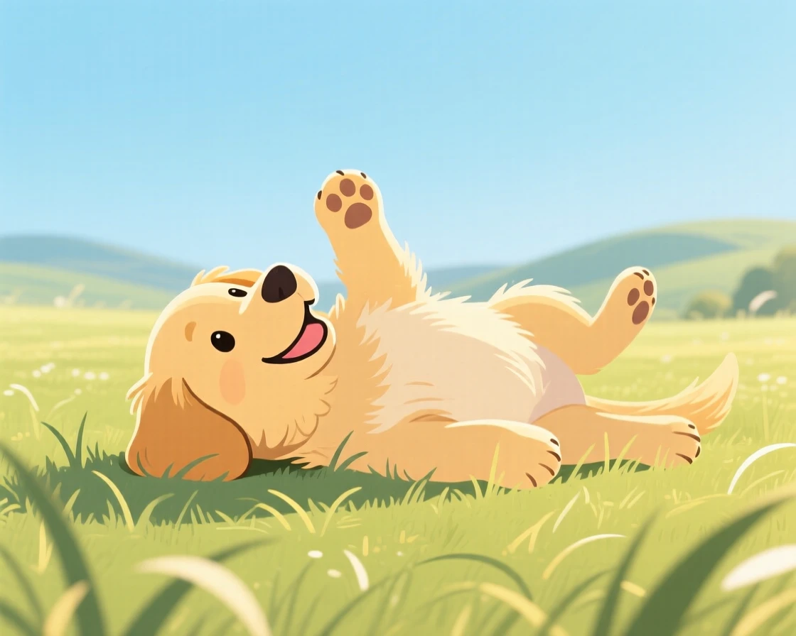 A playful golden retriever puppy rolling in the grass in a sunny meadow.