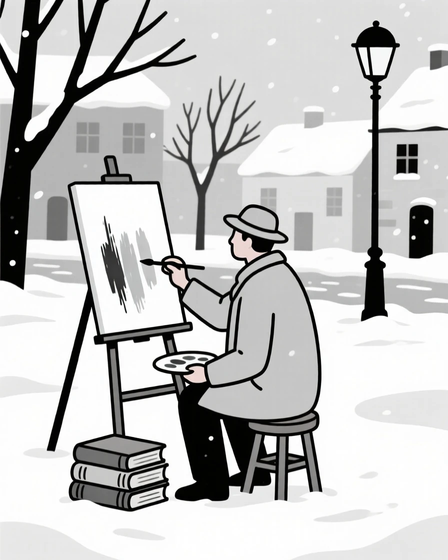 A gardener painting on a canvas in a snowy village square, surrounded by a stack of old books, conveying quiet joy.