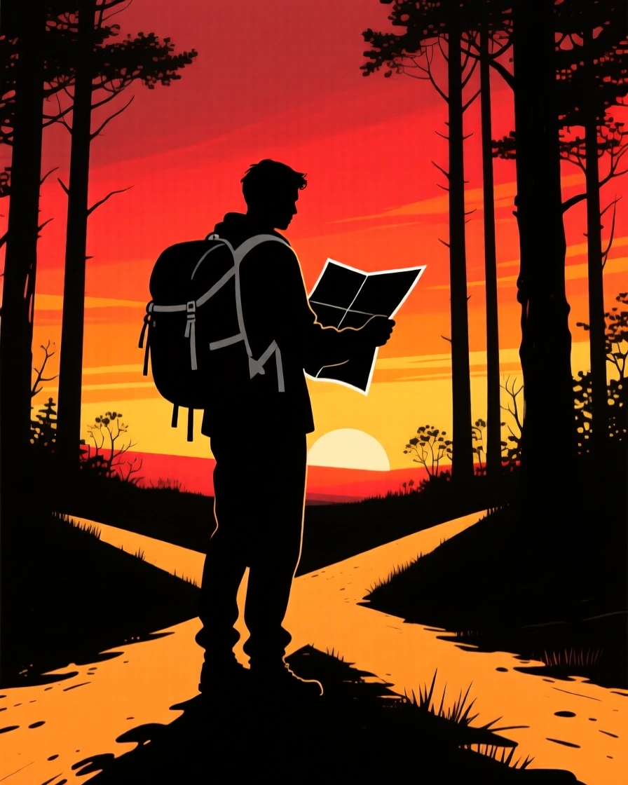 A backpacker studying a paper map at a crossroads deep in a forest.