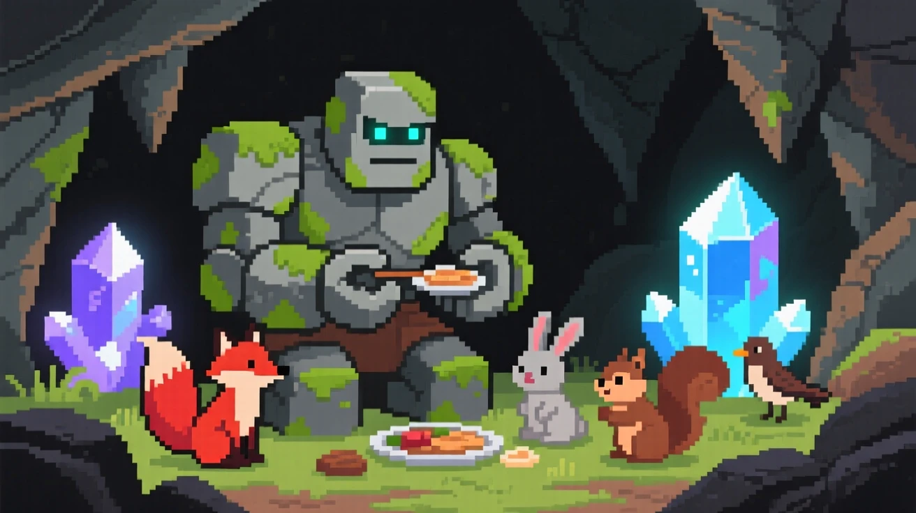 A moss-covered stone golem sharing a meal with woodland creatures, within a hidden cave full of crystals.