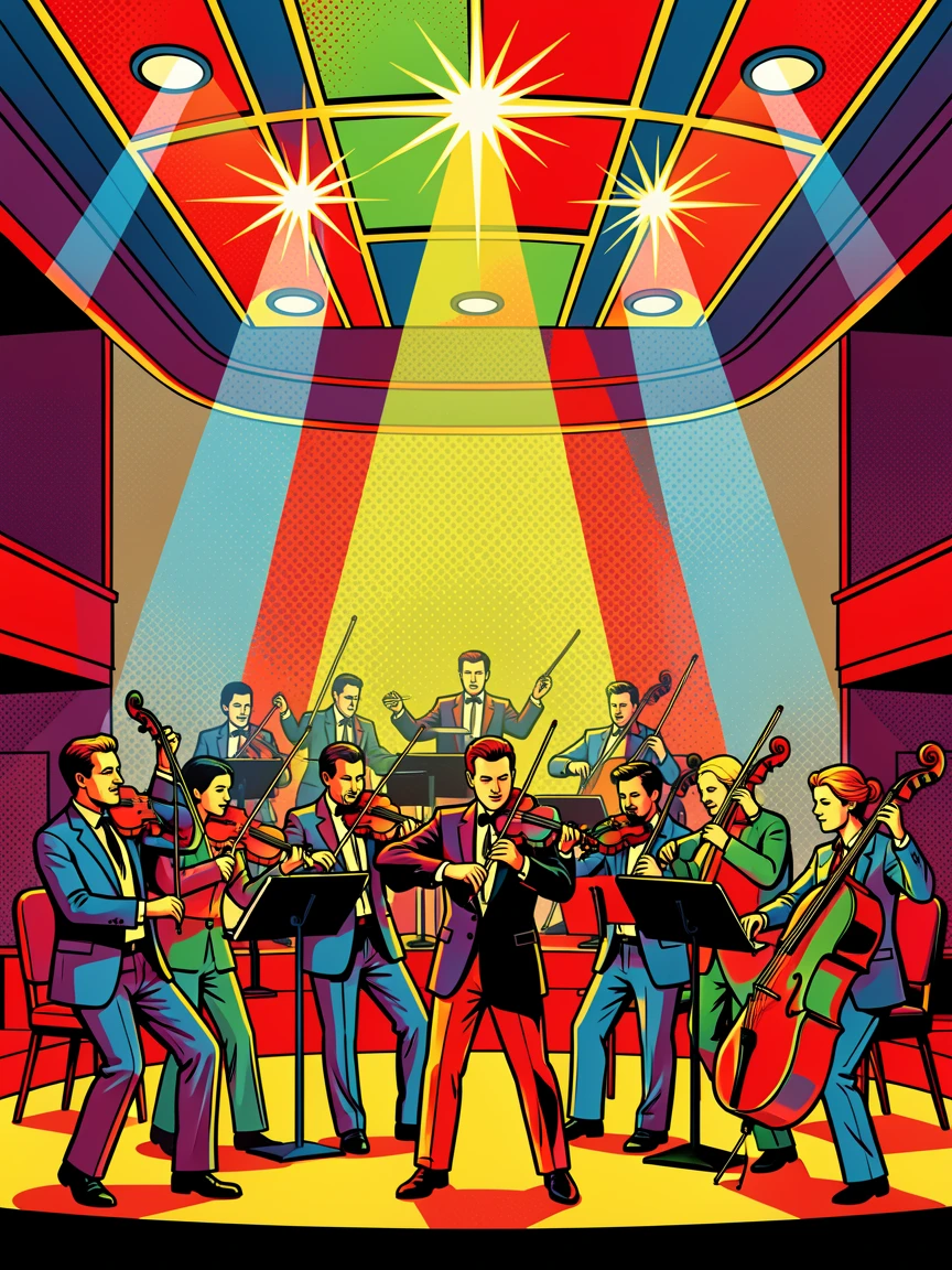 An orchestra performing under a grand concert hall's lights