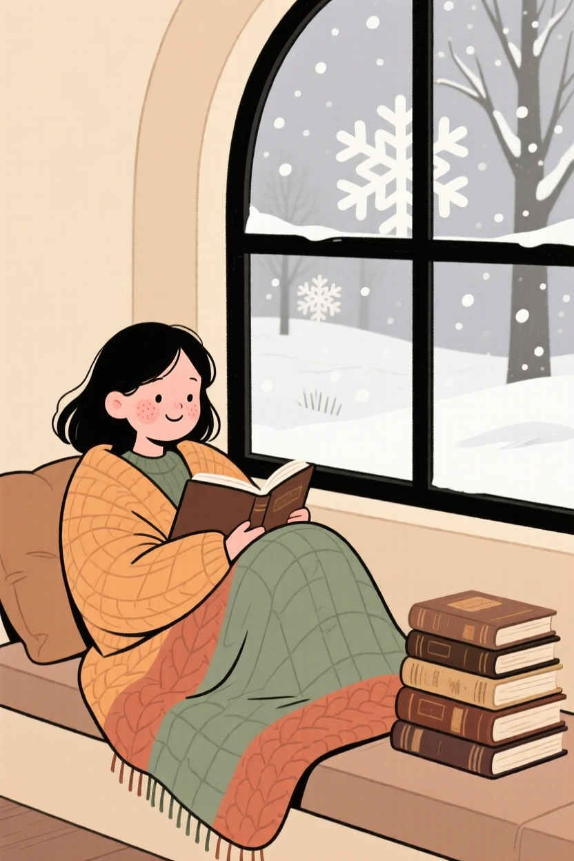 A young woman curls up in a reading nook beside a stack of old books, wrapped in a knitted quilt while watching snow fall outside.