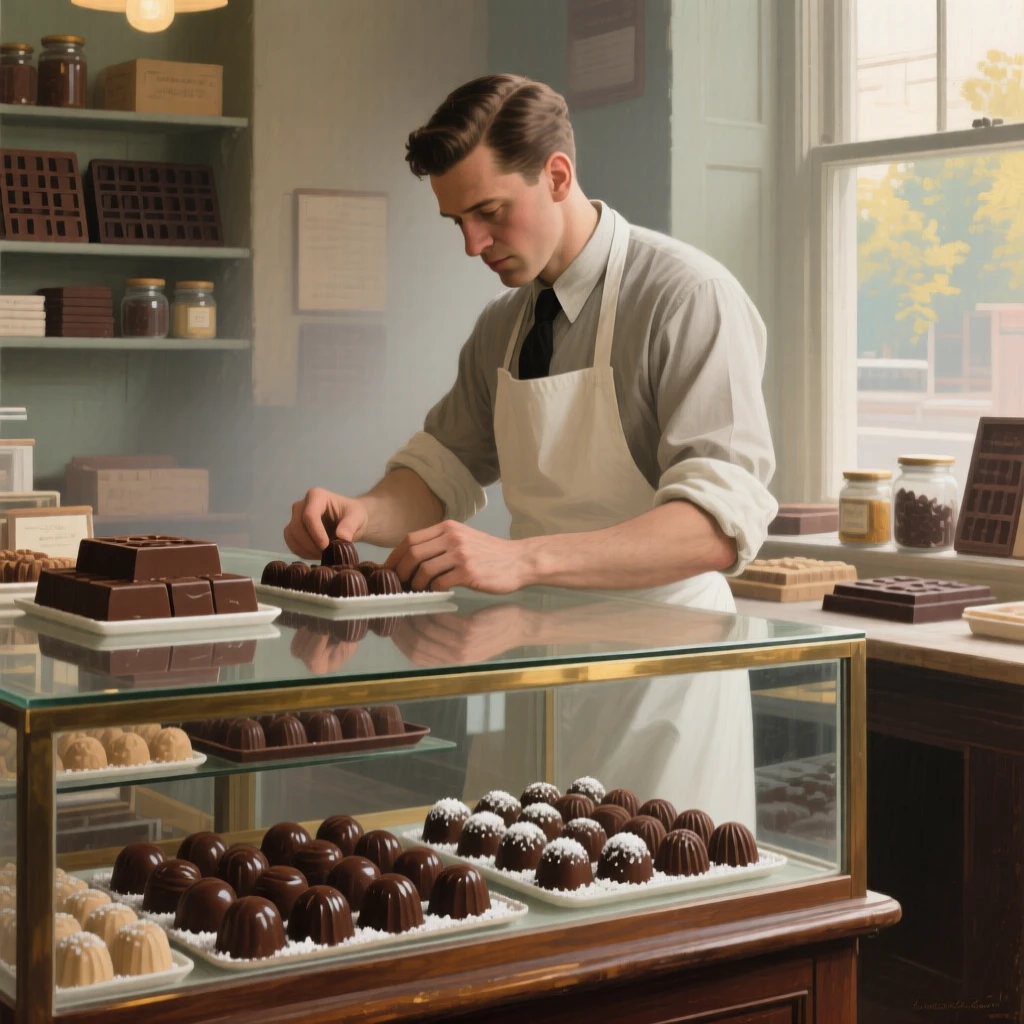 A centered composition of a chocolatier carefully arranging truffles in a glass display case, in the 1940s, at the start of a humid summer.
