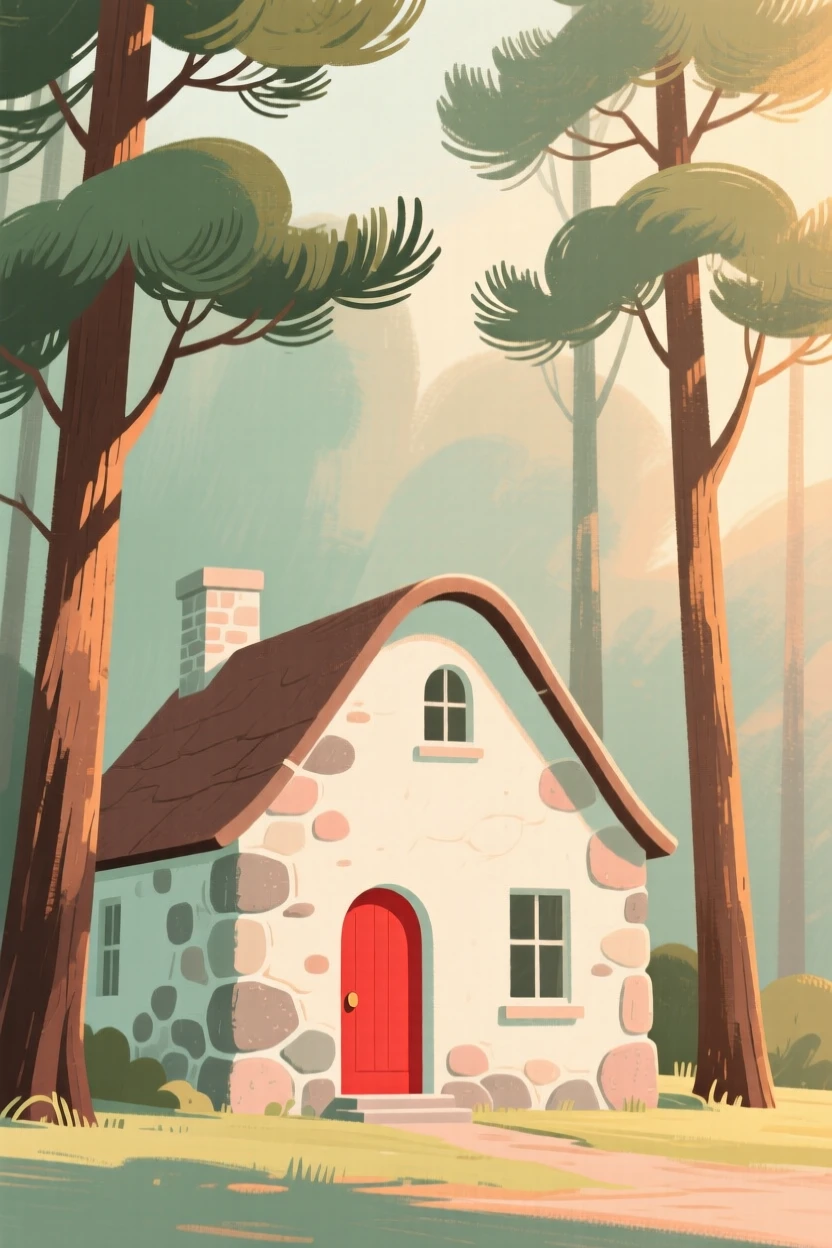 A stone cottage with a red door tucked beneath towering pines
