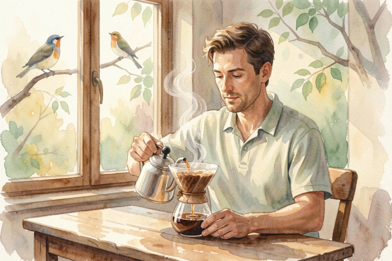 A man brewing coffee with a pour-over kettle as birds chirp softly in the background.