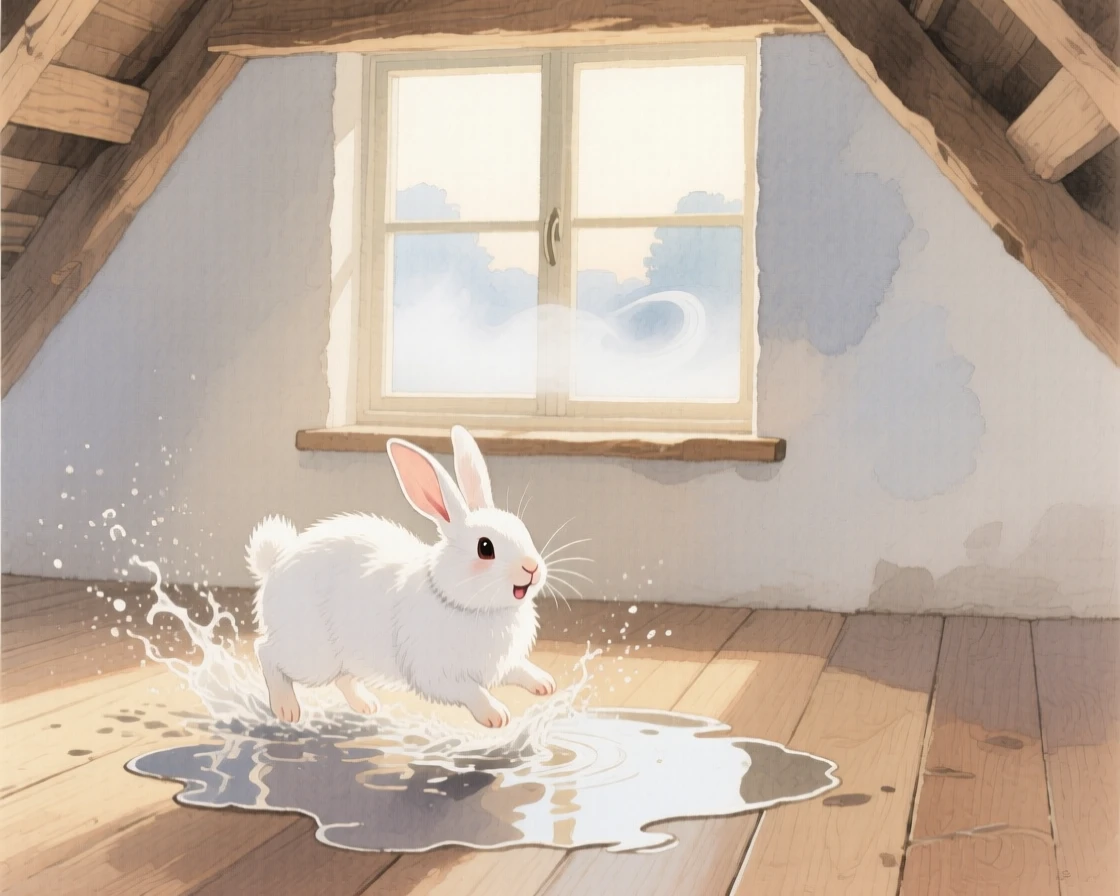 A white rabbit splashes playfully in a cozy attic window, as morning mist rises in the background