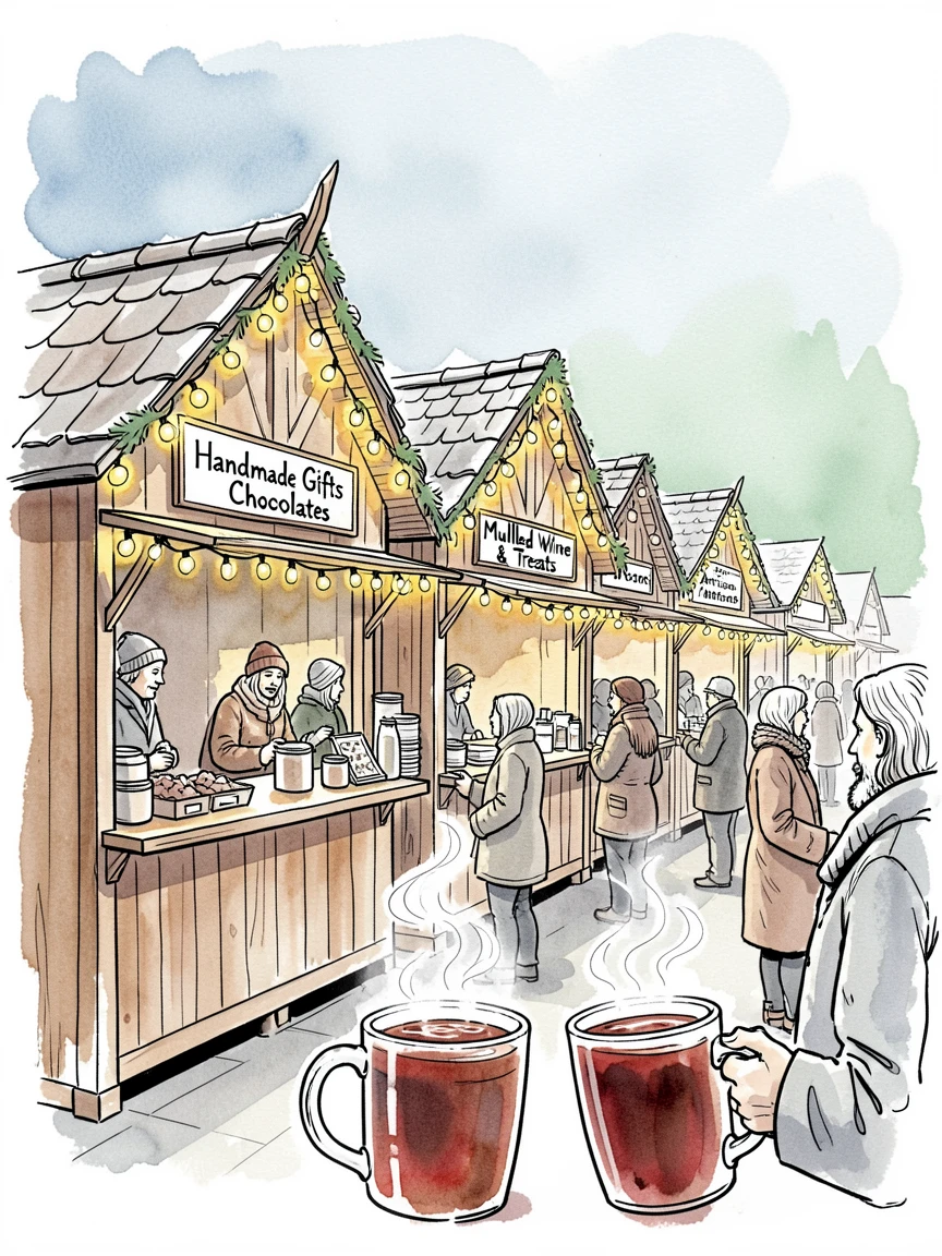 A Christmas market with wooden stalls, twinkling lights, and steaming mugs of mulled wine