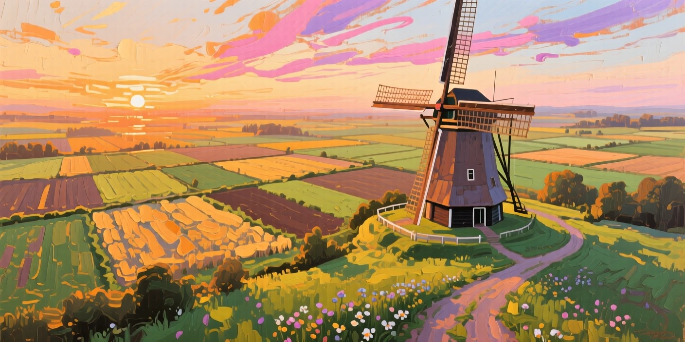 a windmill beside a patchwork of fields, at sunrise, with a balanced, spacious view of the surroundings.