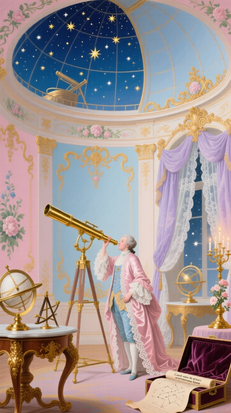 A palace observatory with brass instruments and an open dome full of stars  