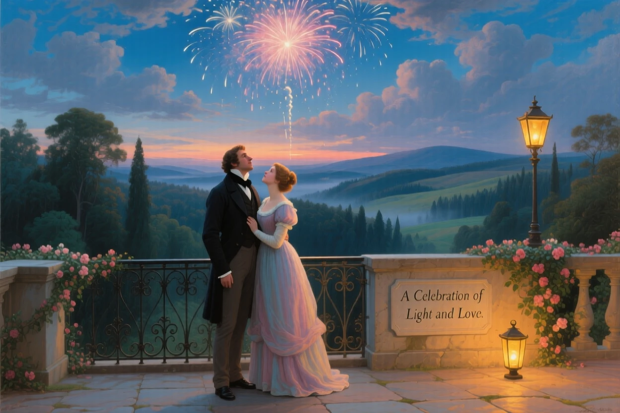 A couple watches fireworks together from a rooftop terrace.